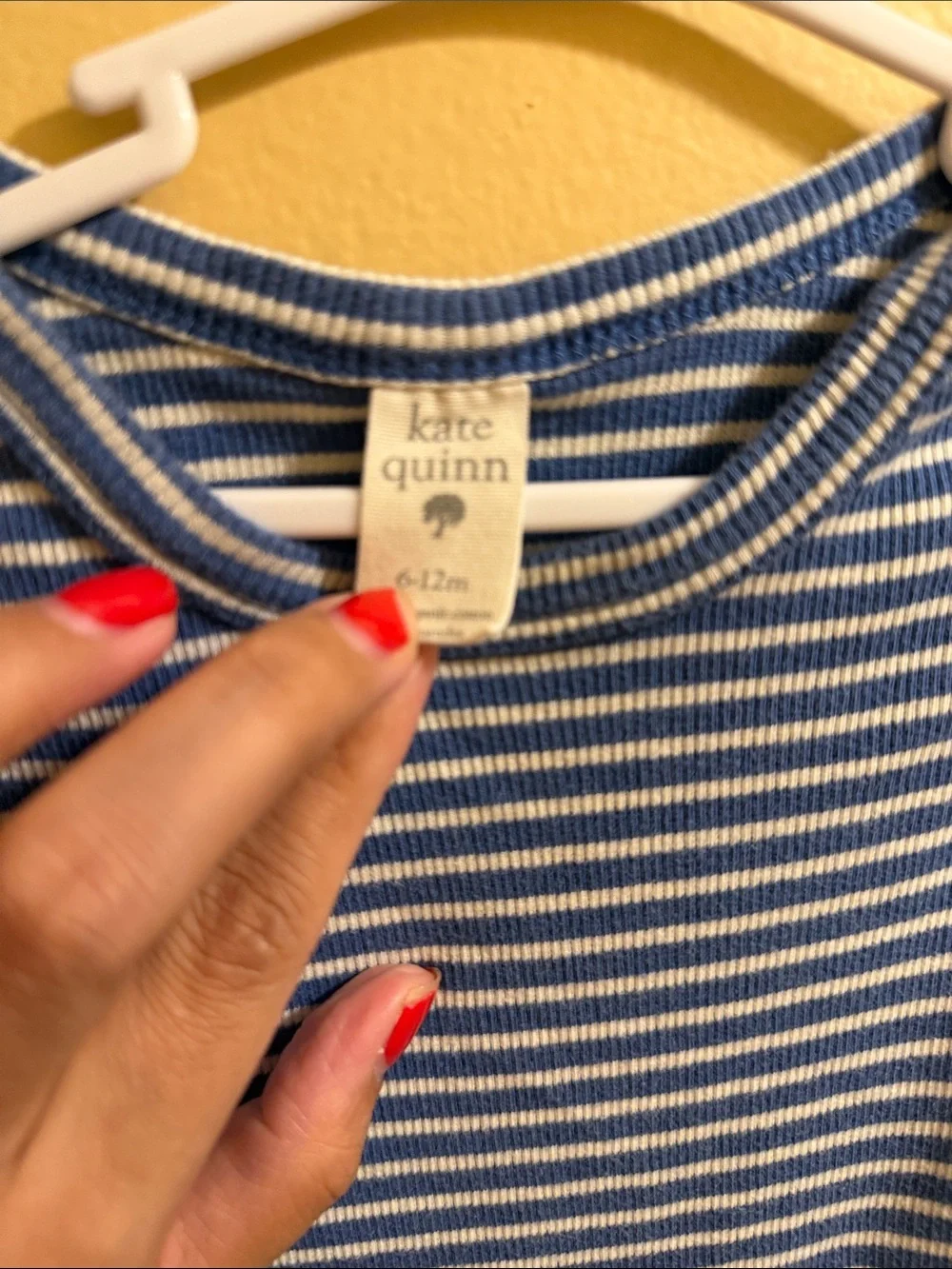 kate quinn Blue and White Striped Ribbed Long-Sleeve Bodysuit